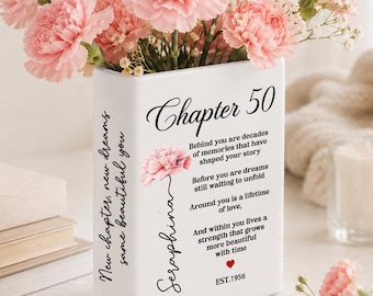 Personalized 50th Birthday Gift For Her Turning 50, Custom Birth Month Flower 50th Birthday Book Vase, Floral 60 70 80 Years Birthday Gifts