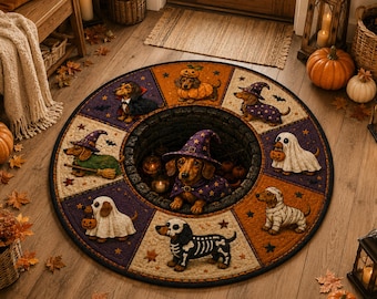 3D Halloween Dachshund Round Rug Halloween Floor Mat Spooky Pumpkin Hole Carpet Scary Bottomless Pit Home Decor Halloween Party Rug Dog Gift