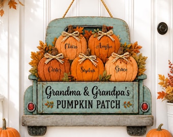 Personalized Grandma Grandpa's Pumpkin Patch Door Hanger, Grandkids Name Wooden Door Hanger, Fall Season Decor, Fall Decor, Grandma Gift
