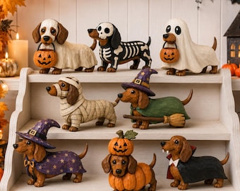 Halloween Dachshund Decor Indoor, Trick or Treat Dachshund Wooden Block, Spooky Halloween Wooden Block, Witch, Pumpkin, Vampire, Skeleton
