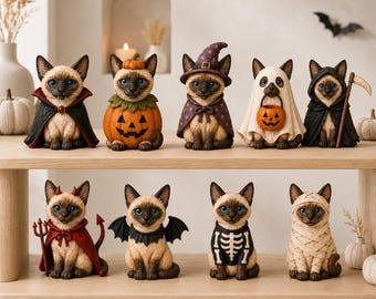 Custom Halloween Siamese Cat Wooden Block, Trick or Treat Siamese Wooden Block,Spooky Halloween Wooden Block, Halloween Cat Decor