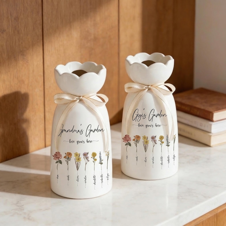 May include: Two white ceramic vases with a floral design and the text "Grandma's Garden" and "Gigi's Garden". Each vase has a scalloped top, a cream-colored ribbon, and a series of colorful flowers printed on the front.