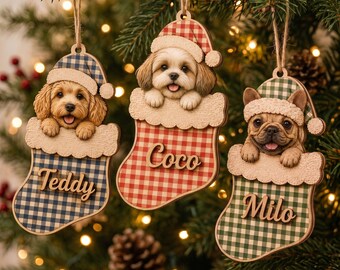 Personalized Dog Christmas Ornament, Custom Pet Stocking Wooden Bauble, First Christmas Puppy Gift, Custom Dog Name Tag, Pet Lover Keepsake