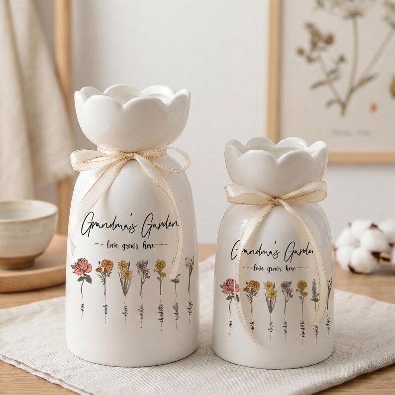 May include: Two white ceramic vases with a scalloped top and a cream-colored ribbon tied around the neck. The vases are decorated with floral illustrations and the text "Grandma's Garden - love grows here."