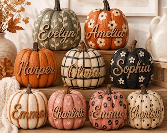 Personalized Preppy Fall Pumpkin Wooden Block - Custom Name Fall Autumn Decorations for Table - 2D Flat Wooden Signs - Unique Gift for Kids