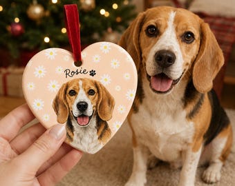 Custom Pet Photo Ceramic Ornament, Personalized Watercolor Dog Portrait Ornament, Vintage Pet Face Ornament, Gift For Dog Mom, Pet Memorial