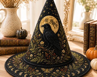 Halloween Quilted Witch Hat, Gothic Raven Moon Halloween Costume, Celestial Gothic Witchcore Accessory, Spooky Gift, Floral Witchy Decor Hat