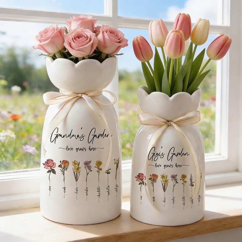 May include: Two white ceramic vases with scalloped tops, each tied with a beige ribbon. One vase holds pink roses, the other holds pink and yellow tulips. The text "Grandma's Garden" and "Gigi's Garden" are printed on the vases, along with the phrase "love grows here".