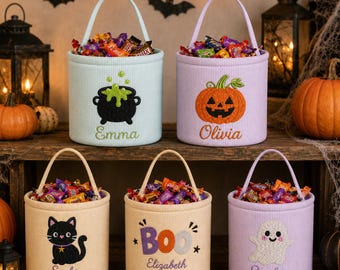 Personalized Seersucker Cylinder Tote Bag, Halloween Trick or Treat Basket, Pumpkin Ghost Cat Spider Candy, Embroidered Bag, Halloween Gifts