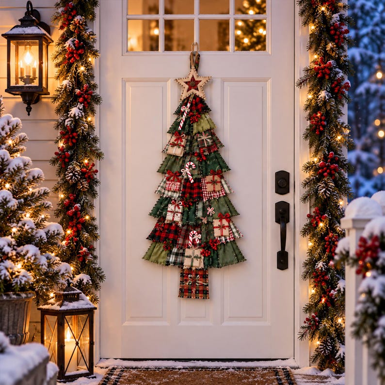 Faux Patchwork Christmas Tree Wooden Door Sign, Rustic Farmhouse
