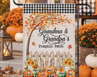 Personalized Fall Garden Flag, Grandma Grandpa's Pumpkin Patch Flag, Grandma's Little Pumpkin, Custom Family Names, Autumn Porch Decor