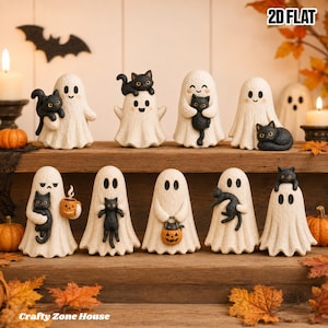 May include: A collection of nine small ghost figurines, each paired with a black cat. The ghosts are off-white with various expressions, some holding orange pumpkins or mugs. The text 2D FLAT appears in the top right corner and Crafty Zone House at the bottom.