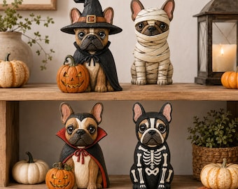 Halloween French Bulldog 2D Flat Wooden Block, Trick or Treat Bulldog Wooden Block, Bulldog Skeleton Wooden Block, Mummy, Witch,Vampire Sign