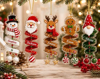Christmas Spiral Wind Chime Ornament 2026, Gingerbread Reindeer Santa Snowman, Custom Name Acrylic Ornament, Christmas Tree Decor, Kids Gift