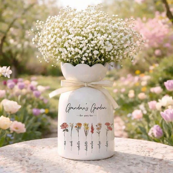 Grandma's Garden Ceramic Flower Vase, Personalized Birth Month Flower Vase, Mothers Day Gift from Kids, Gigi Nana Keepsake
