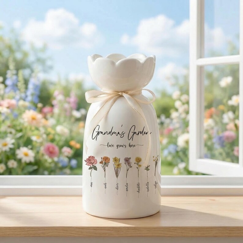 May include: A white ceramic vase with a flower-shaped top and a cream-colored ribbon tied around the neck. The vase is inscribed with "Grandma's Garden" and "love grows here," along with floral illustrations and names. The vase is displayed near a window.