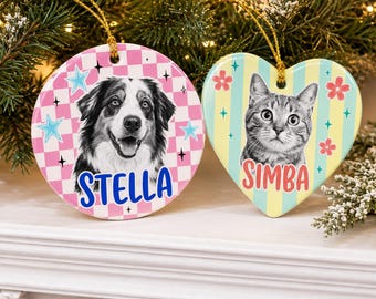 Personalized Preppy Dog or Cat Stripe Ceramic Ornament, Custom Funny Dog Face Keepsake, Pet Portrait Xmas Ornament, Gift for Pet Lovers