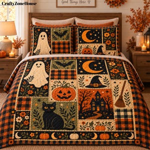 May include: A Halloween-themed quilt and two matching pillow shams featuring a patchwork design with ghosts, black cats, pumpkins, bats, crescent moons, witch hats, and a haunted house. The pattern includes orange and black plaid accents.