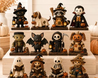 Halloween Wooden Block, Rustic Witch Ghost Skeleton Mummy Tabletop Decor, Spooky Pumpkin Freestanding Shelf Sign, Halloween Family Gift