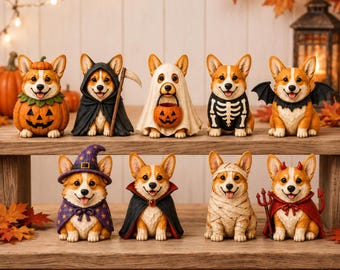Custom Halloween Corgi Dog 2D FLAT Wooden Block, Trick or Treat Corgi Wooden Block,Spooky Halloween Wooden Block, Ghost, Skeleton, Devil