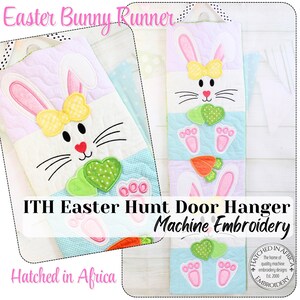May include: A quilted fabric door hanger featuring embroidered Easter bunny faces with yellow gingham bows, green polka dot hearts, pink bunny feet, and orange carrots. The design includes pastel purple, white, and light blue sections.