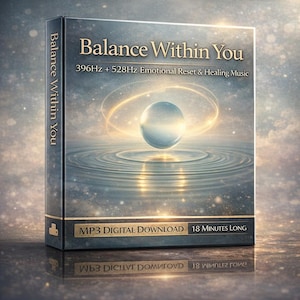 May include: A product box titled "Balance Within You" with the text "396Hz + 528Hz Emotional Reset & Healing Music." The design features a glowing orb above water ripples. The box also states "MP3 DIGITAL DOWNLOAD 18 MINUTES LONG."