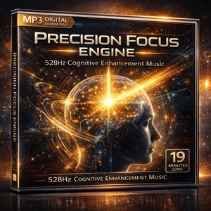May include: A CD case with the text "PRECISION FOCUS ENGINE" and "528Hz Cognitive Enhancement Music." The cover features a glowing brain illustration with a woman's profile. The case is labeled "MP3 DIGITAL DOWNLOAD" and "19 MINUTES LONG."