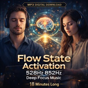 May include: Digital download graphic with the text "MP3 DIGITAL DOWNLOAD." The image features a man and a woman wearing headphones. The text "Flow State Activation" is displayed, along with "528Hz 852Hz Deep Focus Music - 18 Minutes Long."