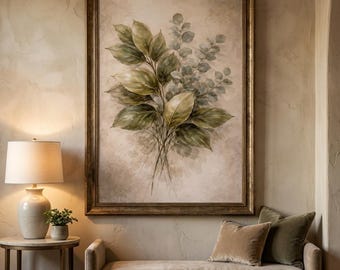 May include: A framed botanical print featuring a detailed watercolor illustration of green and olive-toned leaves. The artwork is set against a neutral background and framed in a gold-toned wooden frame. The print is displayed above a velvet bench.