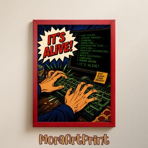 Retro Comic Programmer Art, "It's Alive!" Coding Print, Tech Office Decor (Digital Download)