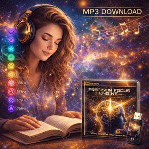 May include: A person wearing gold and black headphones while reading a book, with a digital display showing MP3 DOWNLOAD, PRECISION FOCUS ENGINE, and 528Hz Cognitive Enhancement Music, alongside a USB drive and glowing musical notes.