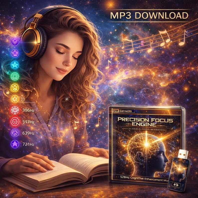 May include: A person wearing gold and black headphones while reading a book, with a digital display showing MP3 DOWNLOAD, PRECISION FOCUS ENGINE, and 528Hz Cognitive Enhancement Music, alongside a USB drive and glowing musical notes.