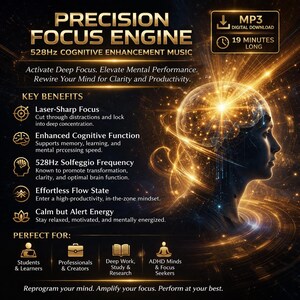 May include: Digital download advertisement for the "Precision Focus Engine" featuring a woman's silhouette with a glowing brain. The image includes text about cognitive enhancement, focus, and mental performance, with key benefits listed. The product is 19 minutes long.