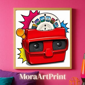 May include: A framed pop art print featuring a red vintage viewer with a slide reel showing travel destinations. The artwork includes comic book style speech bubbles and the text "MoraArtPrint" at the bottom.