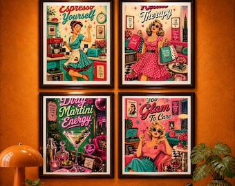 Retro Feminine Wall Art Set, Martini Decor Bundle, Dopamine Maximalist Prints (Digital Download)