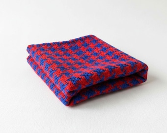 Wool Cotton Tweed Fabric, Blue Red Houndstooth (Heavyweight, 150cm Wide)