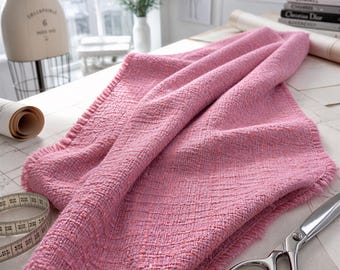 Pink Tweed Fabric, Soft Bouclé Wool-Cotton Blend | Textured Surface | 59 Inch Width, By The Yard