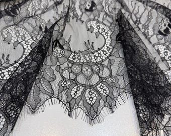 Black Floral Lace Fabric, Lightweight 150 cm Wide Lace for Dressmaking, 3 Meter Minimum