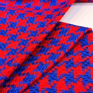 ブルーレッドの千鳥格子ツイード生地（1ヤードあたり）、ウールコットン混紡コート生地、幅150cmの厚手冬用ジャケット用布張り生地