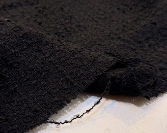 Italian Black Tweed Fabric By The Yard, Premium Cotton Blend Boucle Fabric for Jackets Coats Skirts, Heavy Weight 150 cm Wide