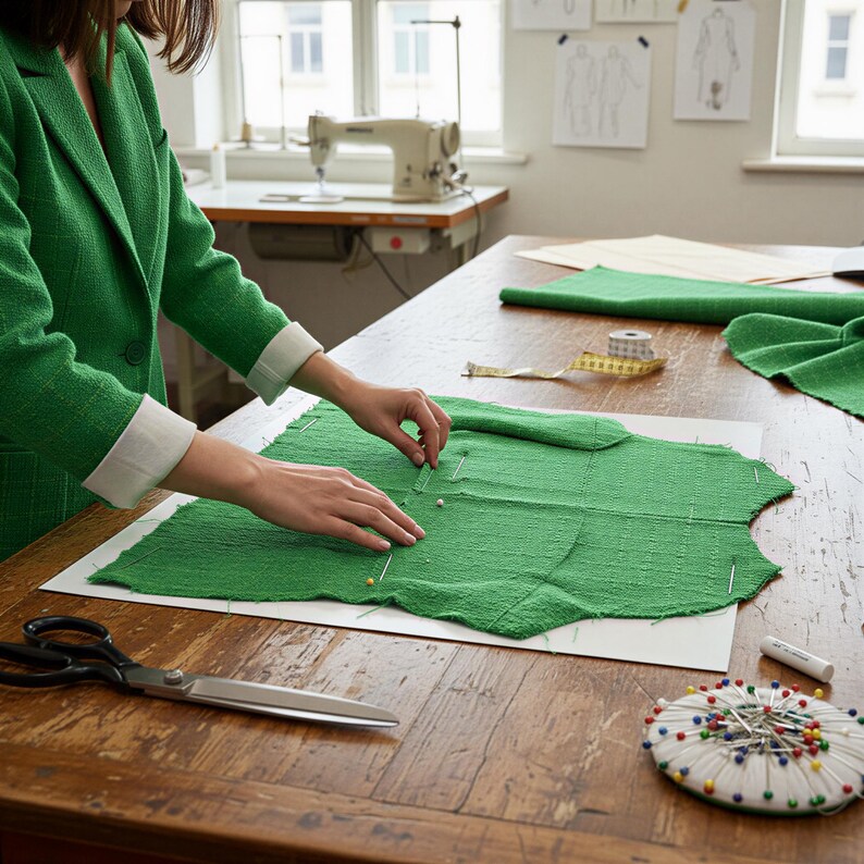 A person in a green jacket is working on a green fabric on a wooden table, surrounded by sewing tools and materials.