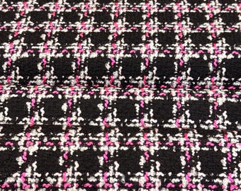 Plaid Tweed Fabric: Black and Pink Wool Cotton - Heavyweight for Jackets