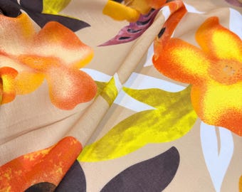 Italian Tropical Floral Linen Fabric: Orange Flowers on Beige