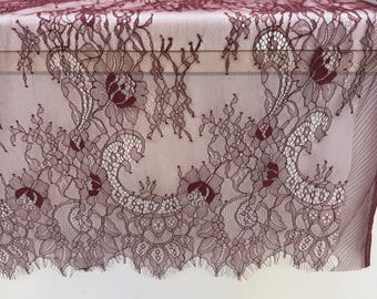 Burgundy Floral Lace Fabric, 150 cm Wide Lightweight Lace for Dressmaking, 3 Meter Minimum