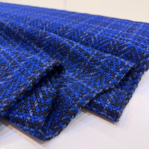 Herringbone Tweed Fabric: Blue and Black Wool Cotton Blend (150cm Wide)