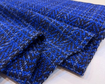 Herringbone Tweed Fabric: Blue and Black Wool Cotton Blend (150cm Wide)