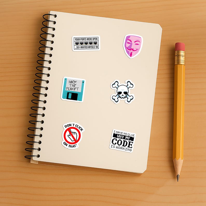 以下が含まれることがあります： スパイラル綴じのノートに、いくつかのステッカーと黄色の鉛筆が描かれています。ステッカーには、ピンク色のガイ・フォークスのマスク、ドクロと骨、そして「HACK THE PLANET」という文字が含まれています。その他のステッカーには、「YOUR PORTS WERE OPEN...SO I INVITED MYSELF IN」、「DON'T CLICK ON THAT!」、および「I HAVE NO CLUE WHY MY CODE IS WORKING」という文字が書かれています。