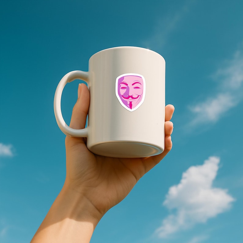 以下が含まれることがあります： ピンク色のガイ・フォークス・マスクのステッカーが付いた白いセラミックマグカップ。マグカップは、白い雲のある明るい青い空に掲げられています。マスクは白い輪郭と様式化された口ひげを持っています。