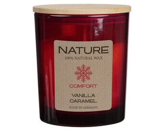 Vanilla Caramel scented candle in a glass jar – sweet aroma candle for a cozy wellness atmosphere at home