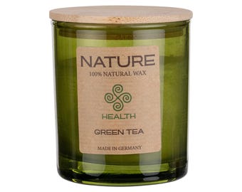 Green Tea scented candle in a glass jar – a fresh aroma candle for wellness at home and a relaxed atmosphere.